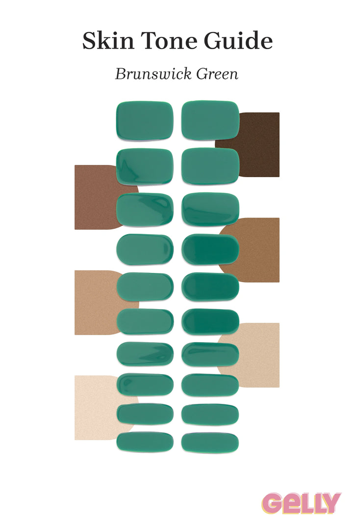 Gelly Skin Tone Guide showing a full set of Brunswick Green semi-cured gel nail wraps across light-to-deep skin tone swatches, highlighting colour tone and opacity.