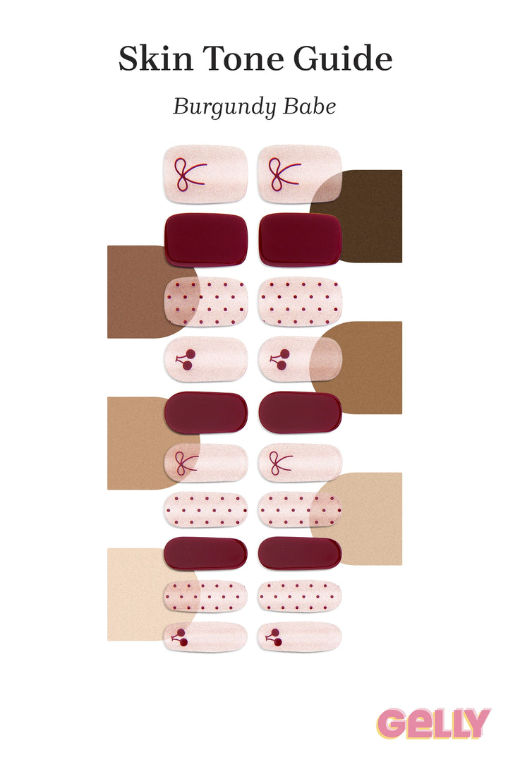Gelly Skin Tone Guide showing a full set of Burgundy Babe semi-cured gel toenail wraps across light-to-deep skin tone swatches, highlighting colour tone and opacity.
