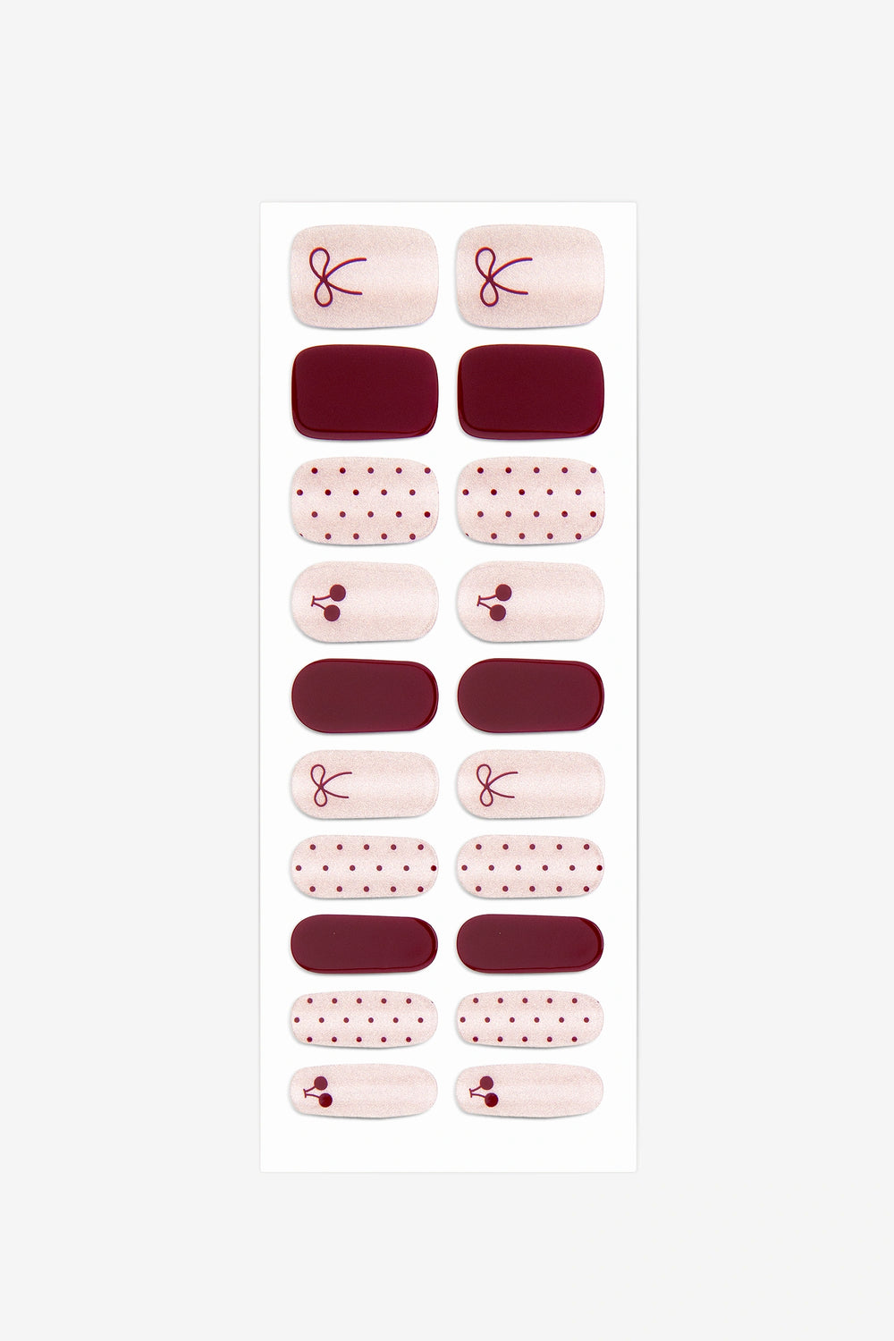 Full sheet of Burgundy Babe semi-cured gel nail stickers displaying various sizes on a white background.