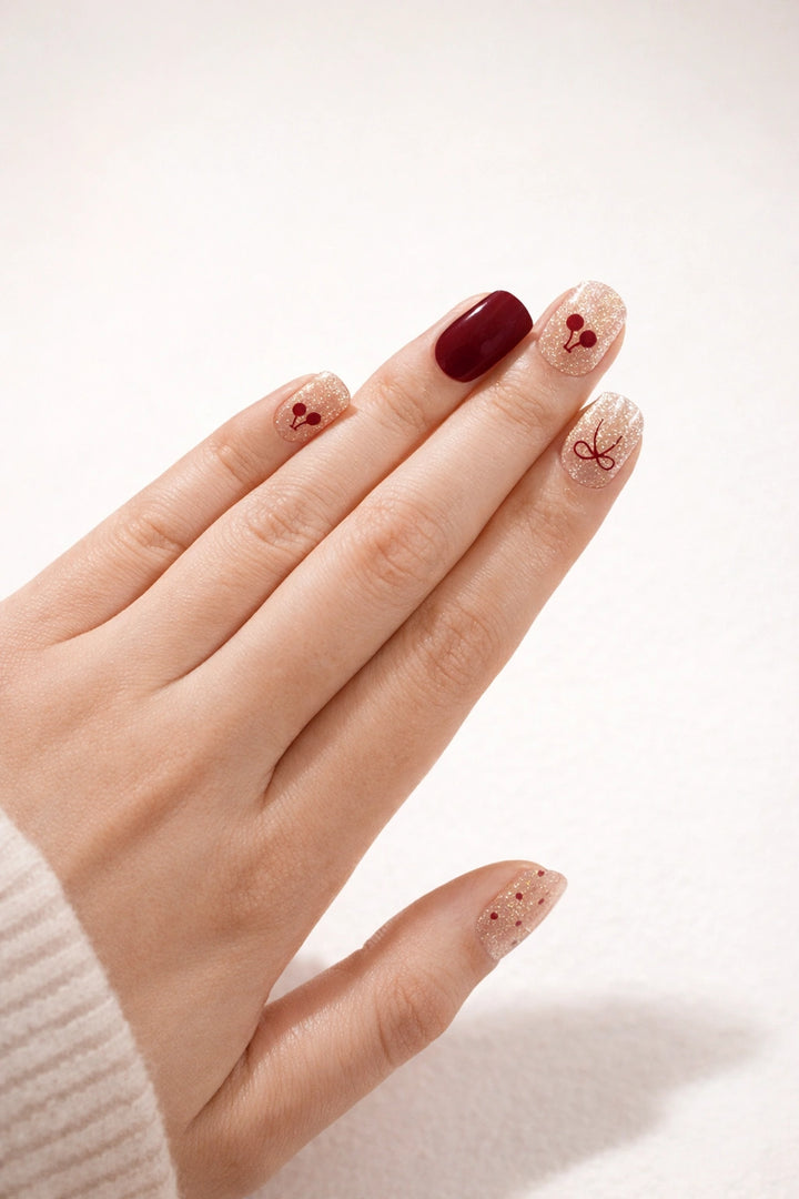 Burgundy Babe semi-cured gel nail stickers, styled on light skin with rich burgundy accents, subtle cat-eye shimmer highlights, and delicate cherry, bow, and dot details, photographed under soft studio lighting with a cozy cream knit sleeve.