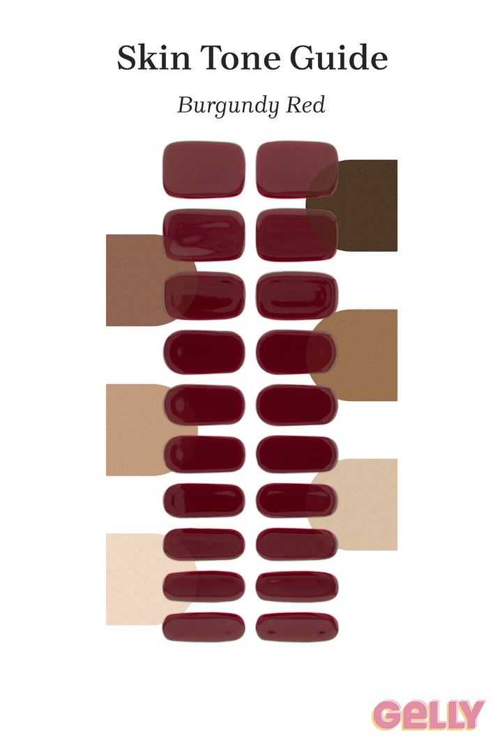 Gelly Skin Tone Guide showing a full set of Burgundy Red semi-cured gel nail wraps across light-to-deep skin tone swatches, highlighting colour tone and opacity.
