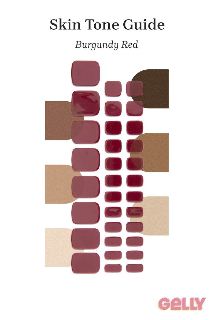 Gelly Skin Tone Guide showing a full set of Burgundy Red semi-cured gel toenail wraps across light-to-deep skin tone swatches, highlighting colour tone and opacity.