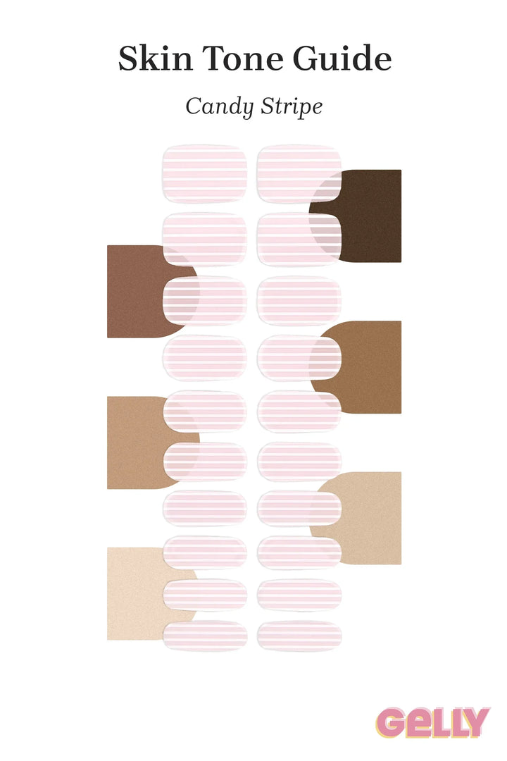 Gelly Skin Tone Guide showing a full set of Candy Stripe semi-cured gel toenail wraps across light-to-deep skin tone swatches, highlighting colour tone and opacity.