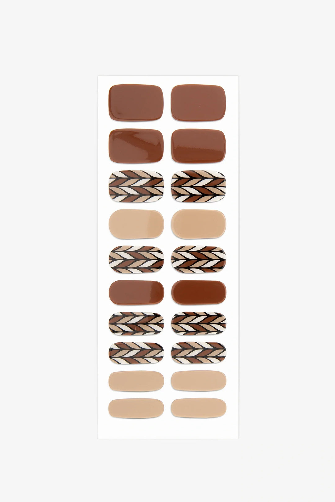 Full sheet of Caramel Cream semi-cured gel nail stickers displaying various sizes on a white background.