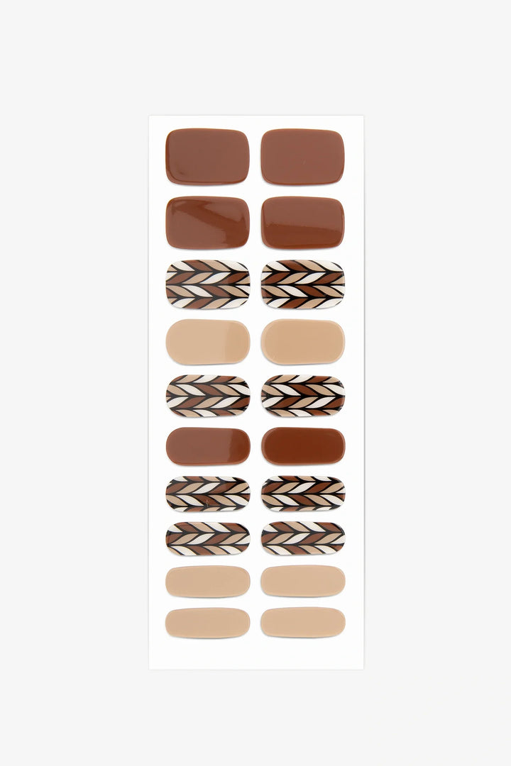 Full sheet of Caramel Cream semi-cured gel nail stickers displaying various sizes on a white background.