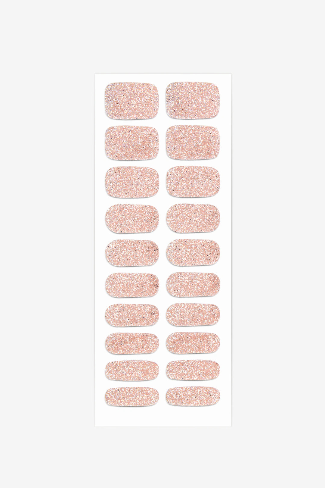 Full sheet of Champagne Sparkle semi-cured gel nail stickers displaying various sizes on a white background.