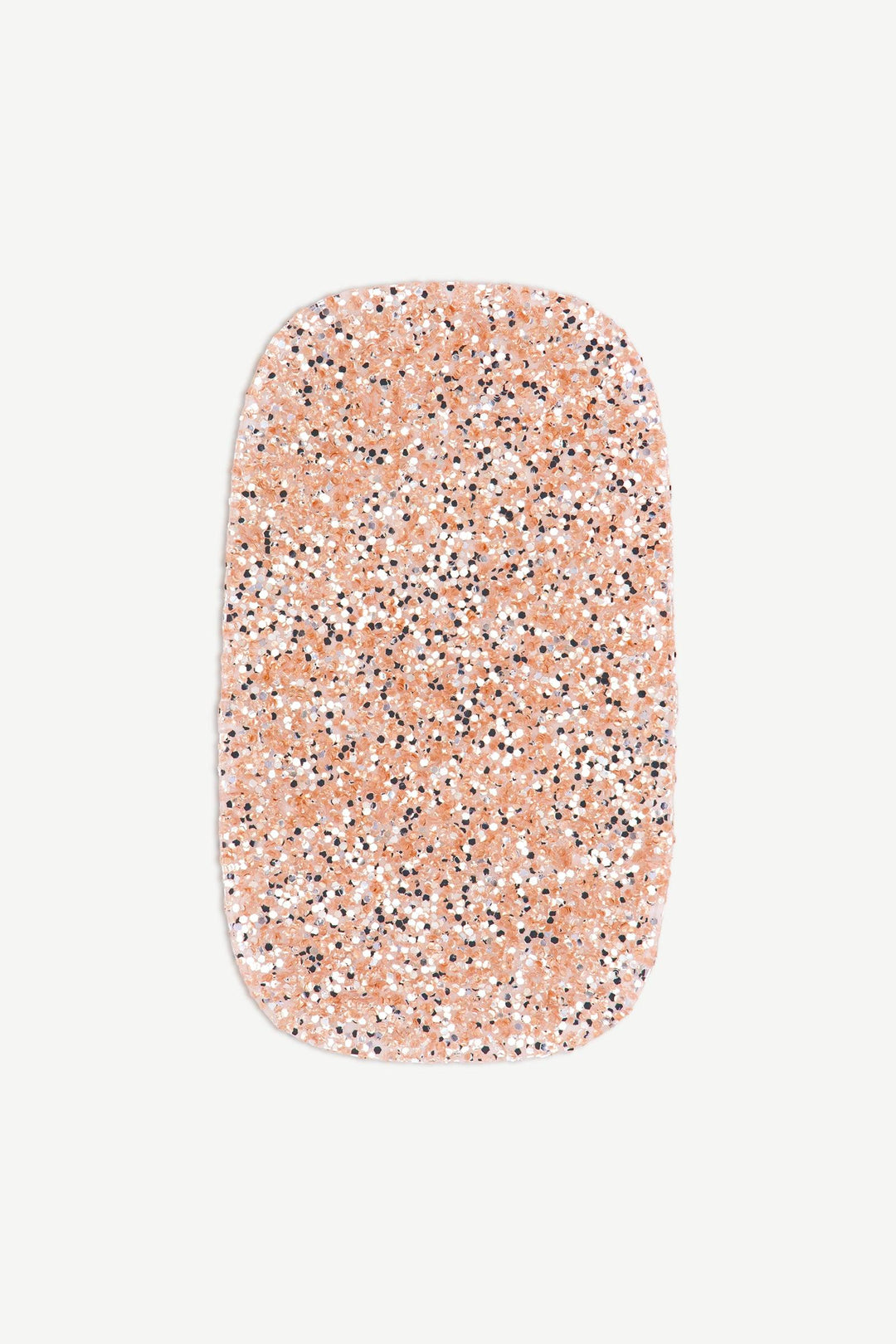 Macro image of a stick-on gel nail with champagne gold glitter and glossy finish, shown on white background.