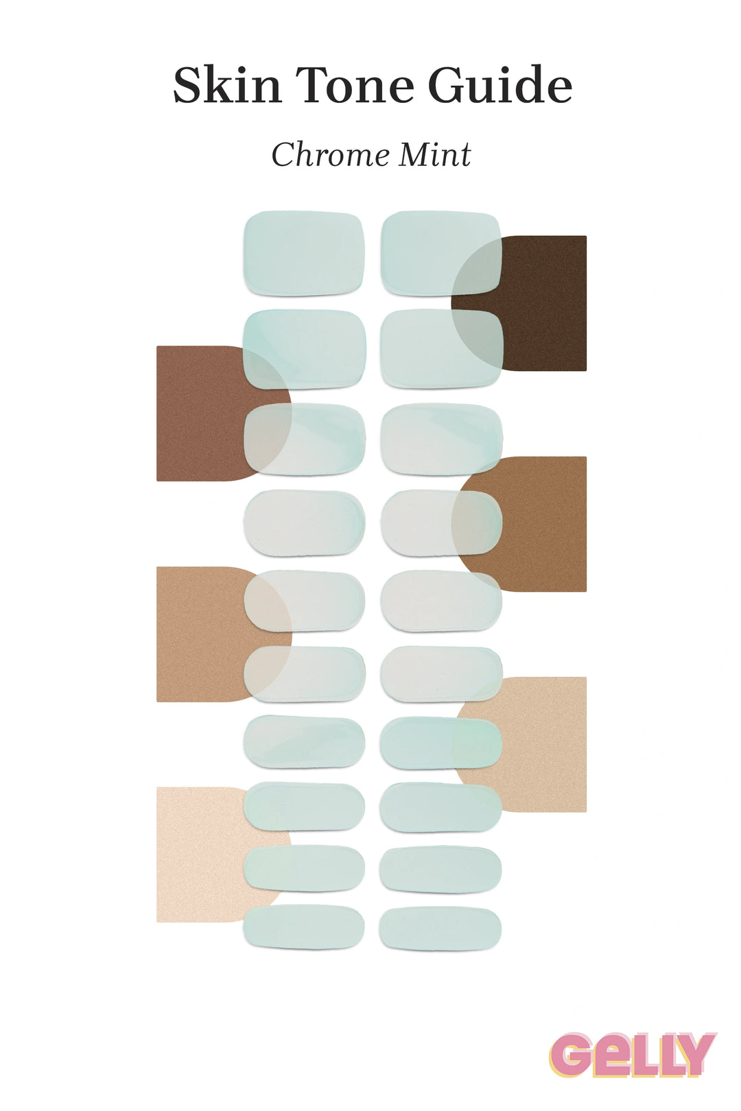 Gelly Skin Tone Guide showing a full set of Chrome Mint semi-cured gel nail wraps across light-to-deep skin tone swatches, highlighting colour tone and opacity.