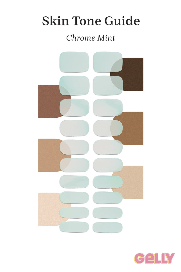 Gelly Skin Tone Guide showing a full set of Chrome Mint semi-cured gel nail wraps across light-to-deep skin tone swatches, highlighting colour tone and opacity.
