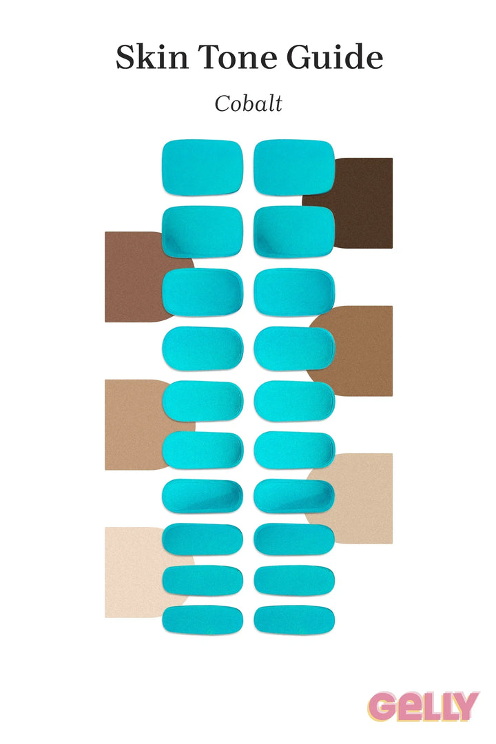 Gelly Skin Tone Guide showing a full set of Cobalt blue semi-cured gel nail wraps across light-to-deep skin tone swatches, highlighting colour tone and opacity.