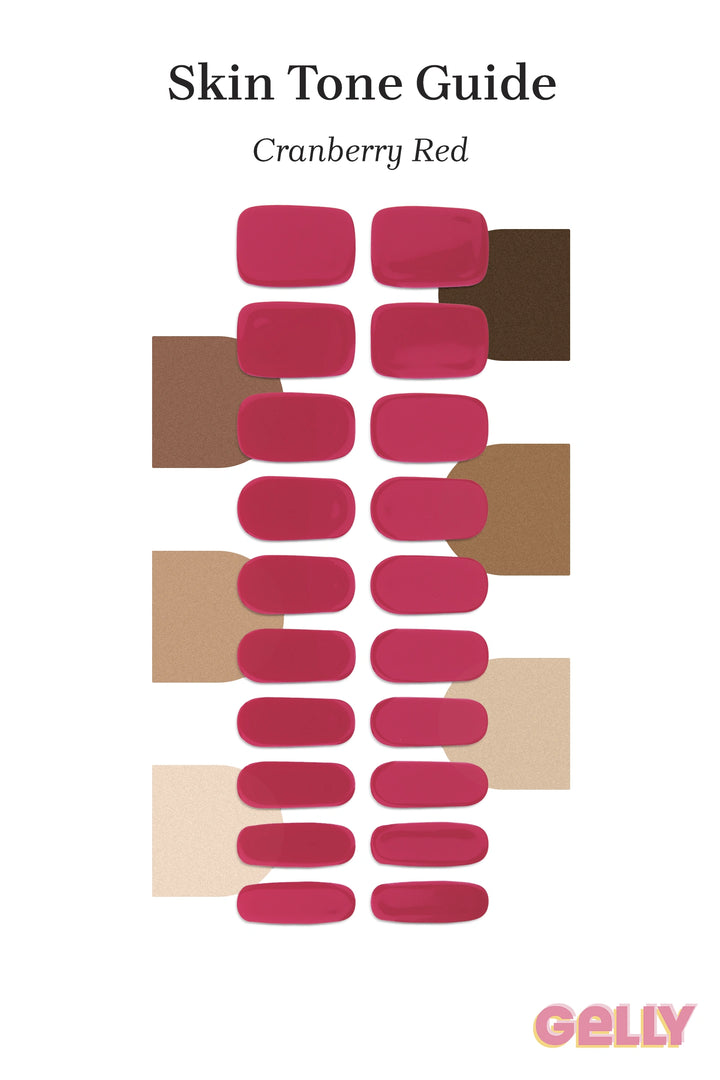 Gelly Skin Tone Guide showing a full set of Cranberry Red semi-cured gel nail wraps across light-to-deep skin tone swatches, highlighting colour tone and opacity.