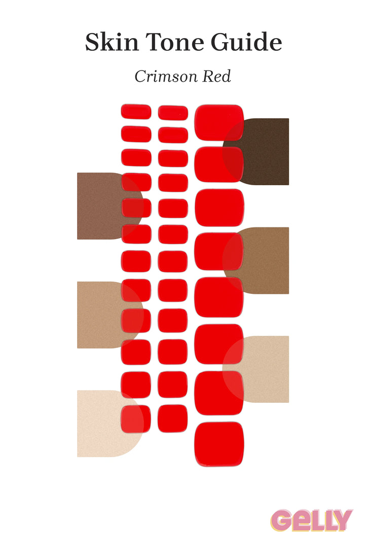Gelly Skin Tone Guide showing a full set of Crimson Red semi-cured gel toenail wraps across light-to-deep skin tone swatches, highlighting colour tone and opacity.