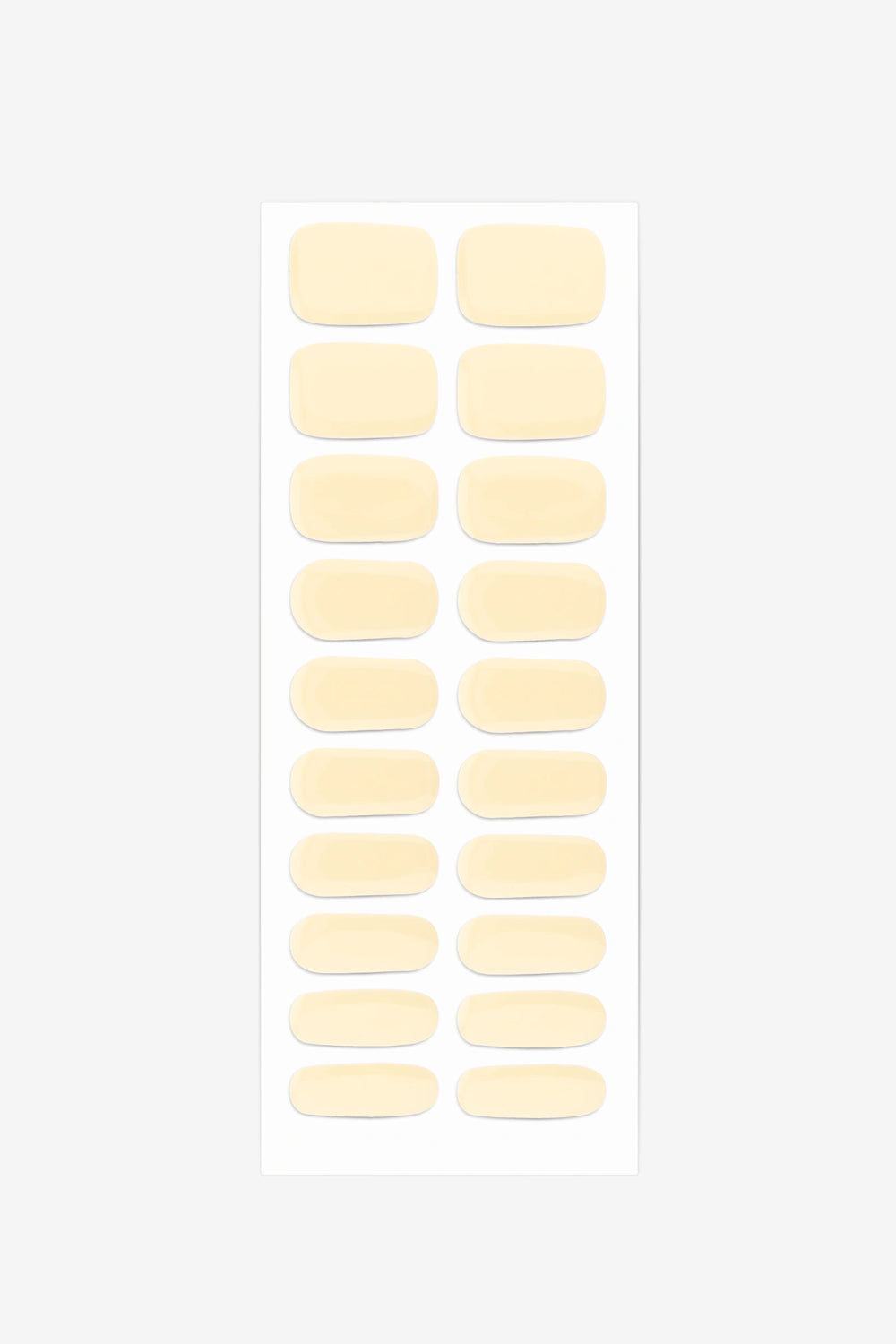 Full sheet of Custard UV-free gel nail stickers displaying various sizes on a white background.