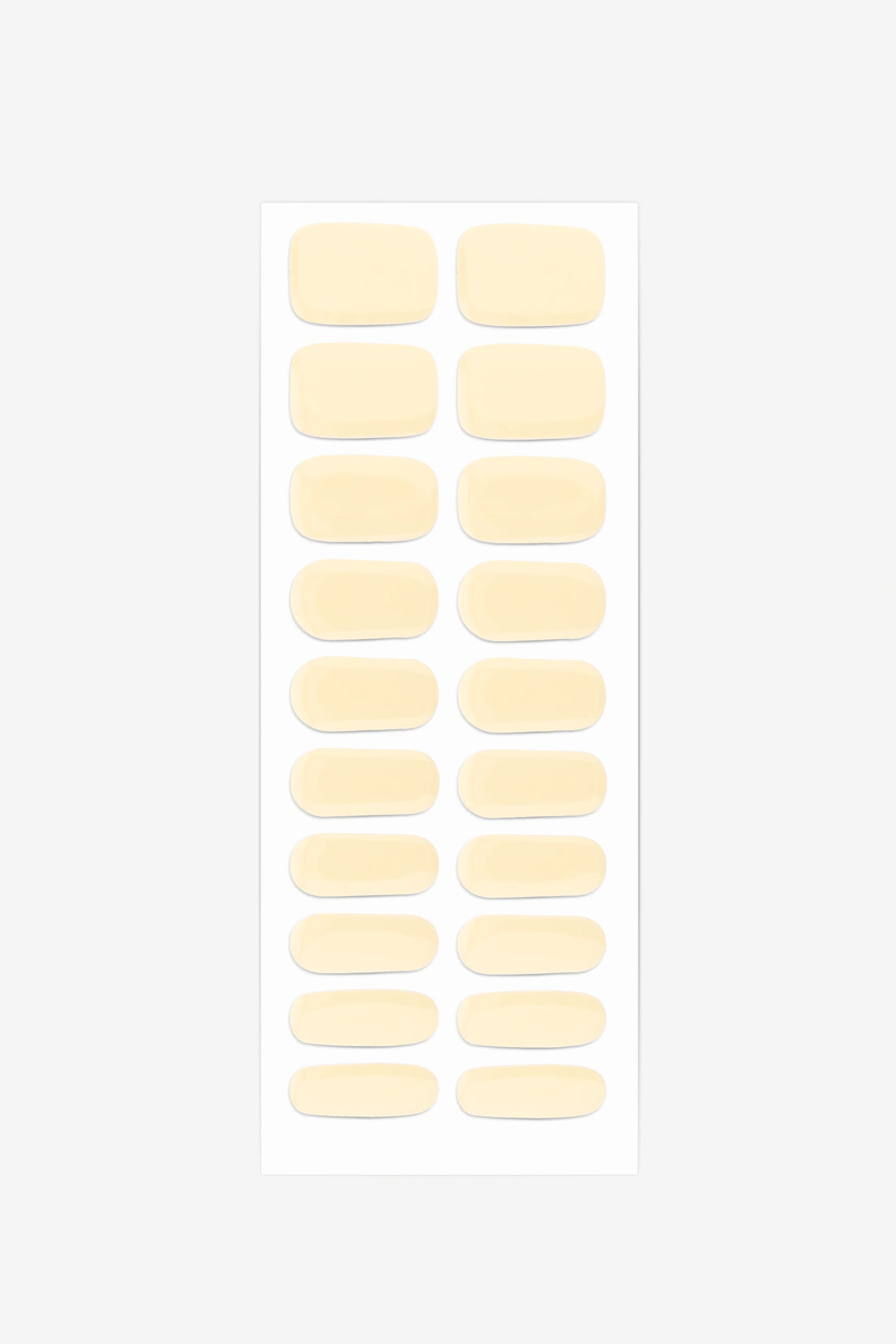 Full sheet of Custard UV-free gel nail stickers displaying various sizes on a white background.
