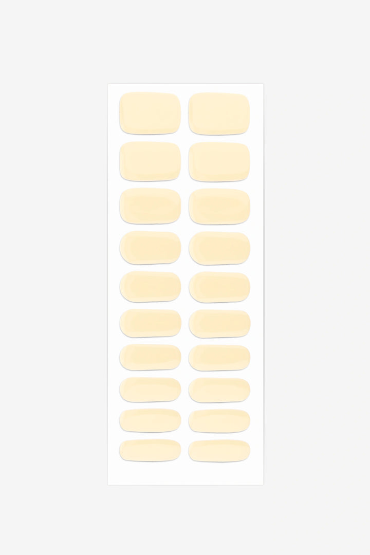 Full sheet of Custard UV-free gel nail stickers displaying various sizes on a white background.