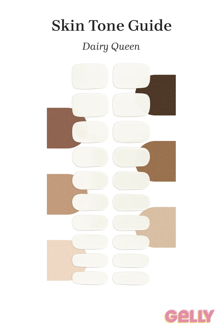 Gelly Skin Tone Guide showing a full set of Dairy Queen semi-cured gel toenail wraps across light-to-deep skin tone swatches, highlighting colour tone and opacity.