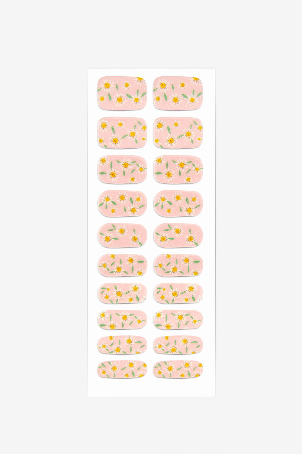Full sheet of Daisy Daze UV-free gel nail stickers displaying various sizes on a white background.