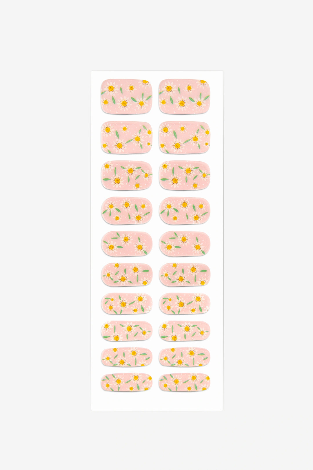 Full sheet of Daisy Daze UV-free gel nail stickers displaying various sizes on a white background.