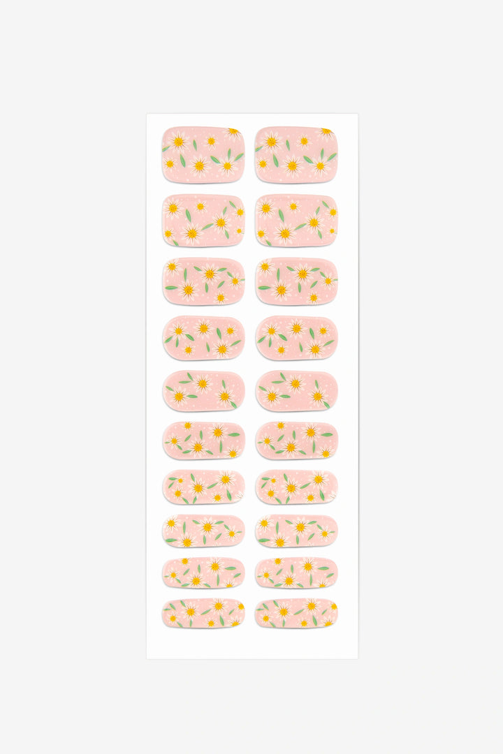 Full sheet of Daisy Daze UV-free gel nail stickers displaying various sizes on a white background.