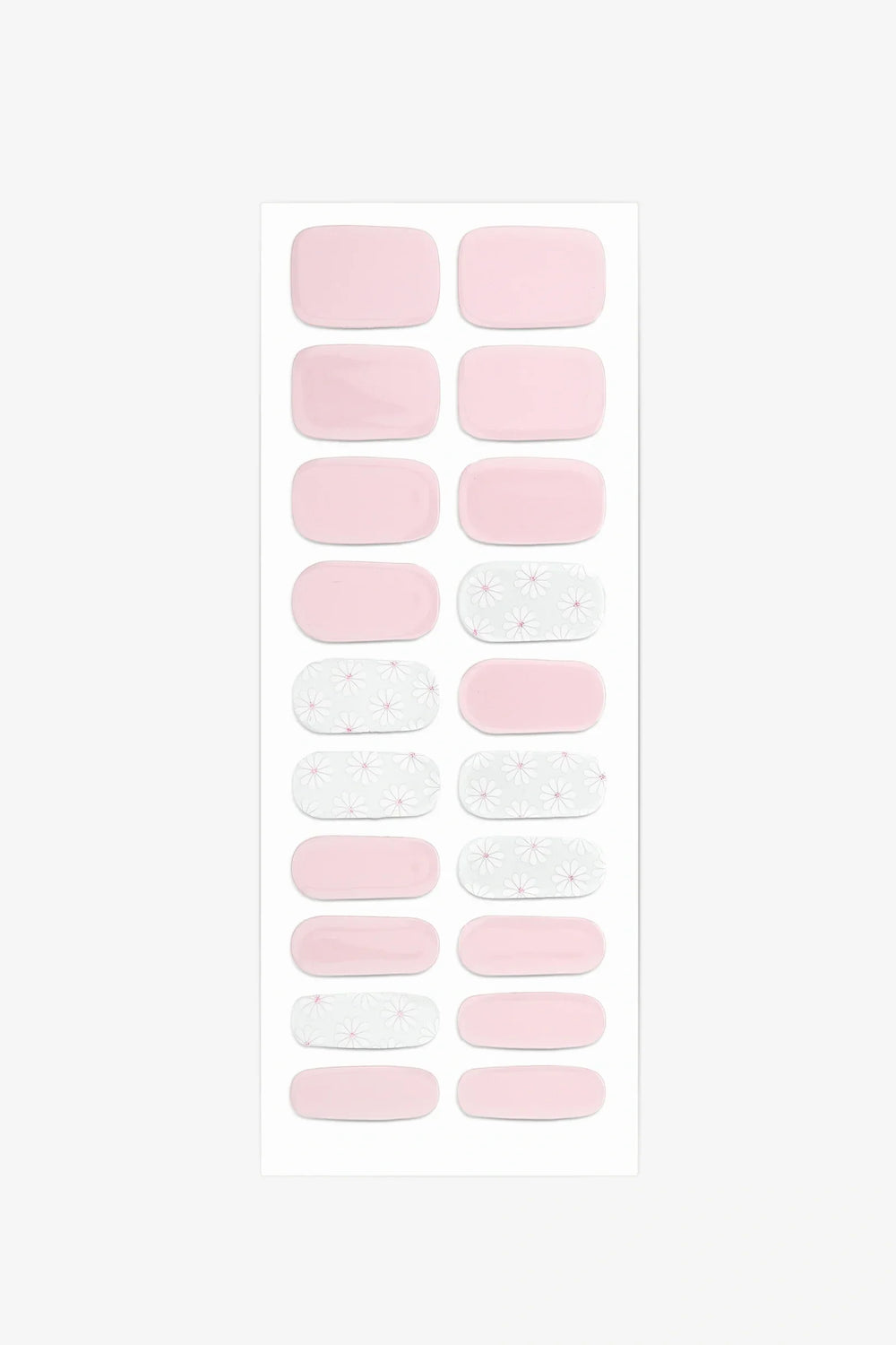 Full sheet of Daisy Pink semi-cured gel nail stickers displaying various sizes on a white background.