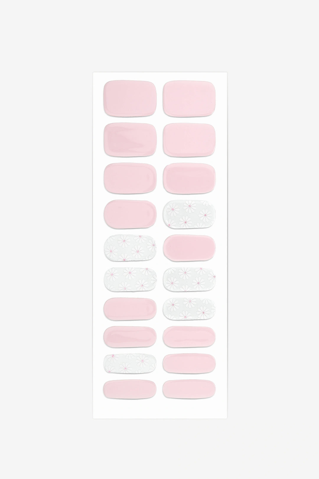 Full sheet of Daisy Pink semi-cured gel nail stickers displaying various sizes on a white background.