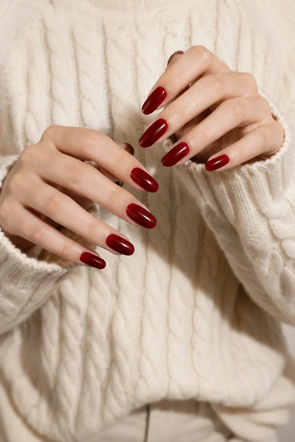 Dark Cherry Jam UV-free gel nail wraps in a rich translucent burgundy-red with cherry undertones and a glossy finish, shown on light skin.