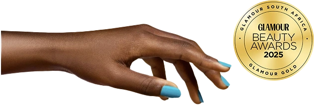 Dark skin hand wearing bright blue semi-cured gel nail wraps showcased next to Glamour Beauty Awards 2025 badge