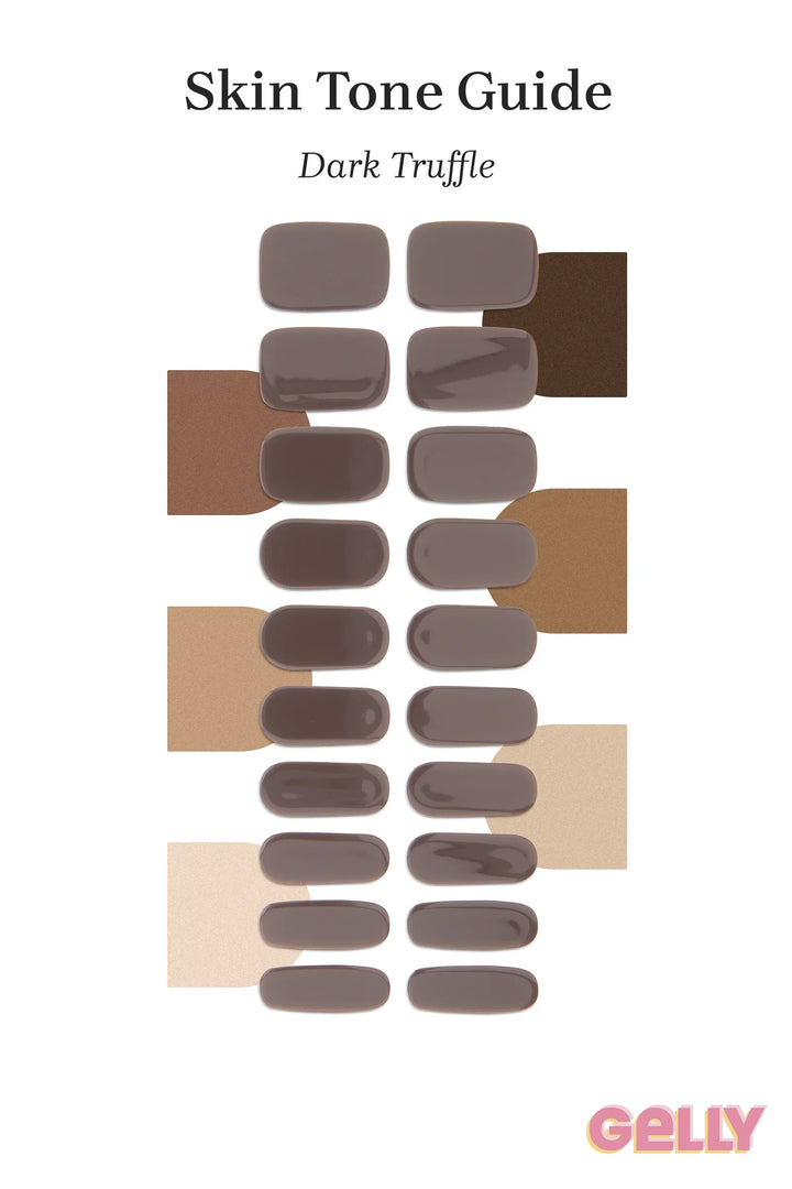 Gelly Skin Tone Guide showing a full set of Dark Truffle semi-cured gel nail wraps across light-to-deep skin tone swatches, highlighting colour tone and opacity.