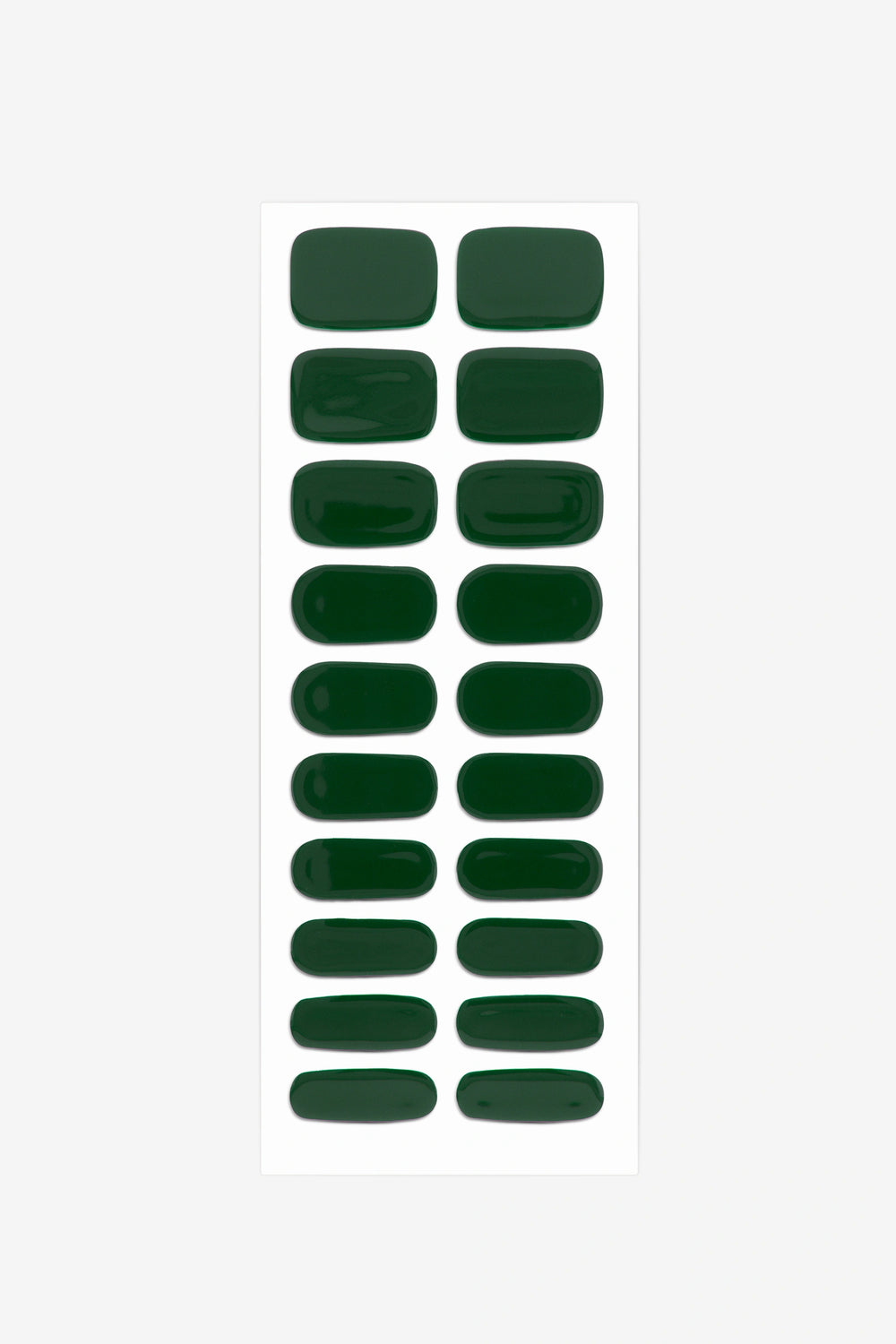 Full sheet of Deep Forest green semi-cured gel nail stickers displaying various sizes on a white background.