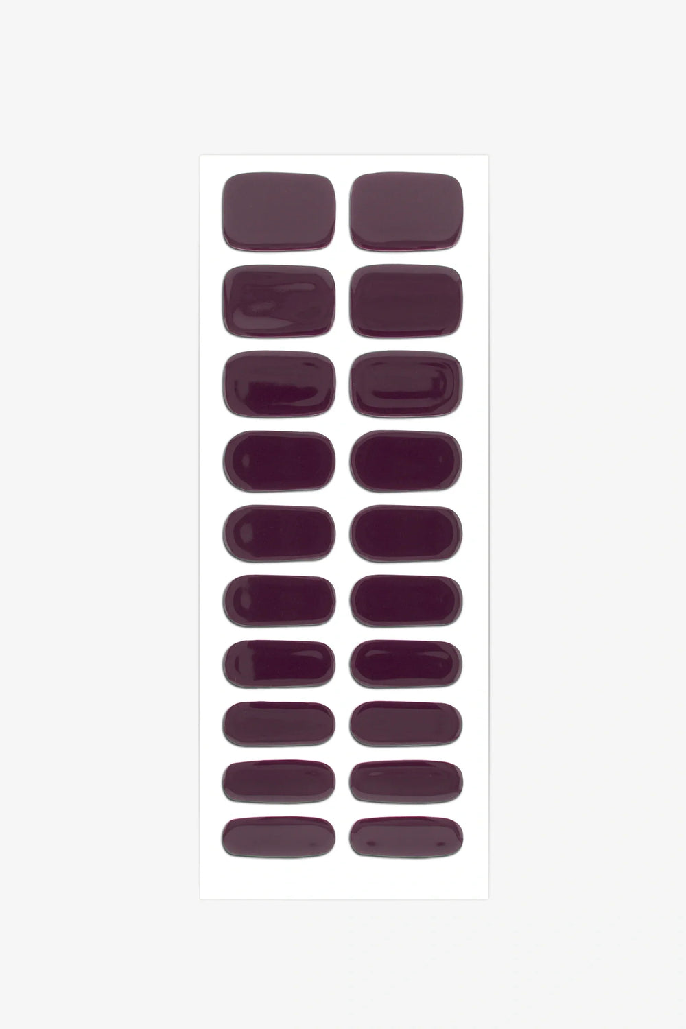 Full sheet of Deep Purple semi-cured gel nail stickers displaying various sizes on a white background.