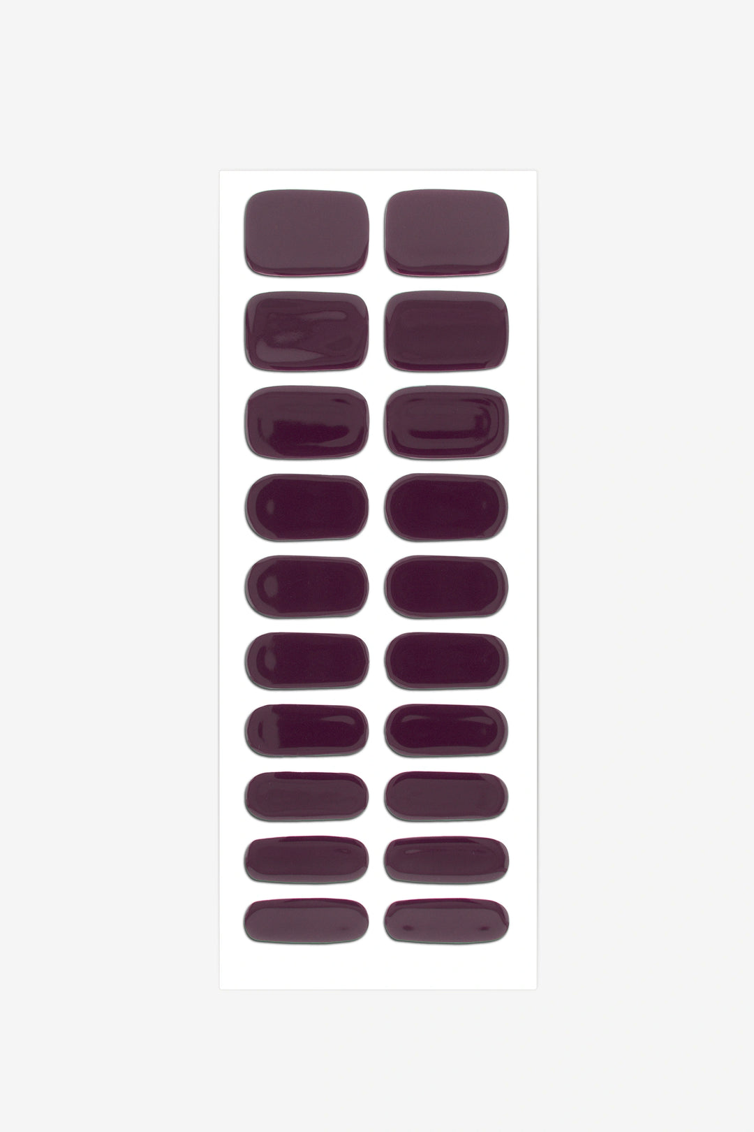 Full sheet of Deep Purple semi-cured gel nail stickers displaying various sizes on a white background.
