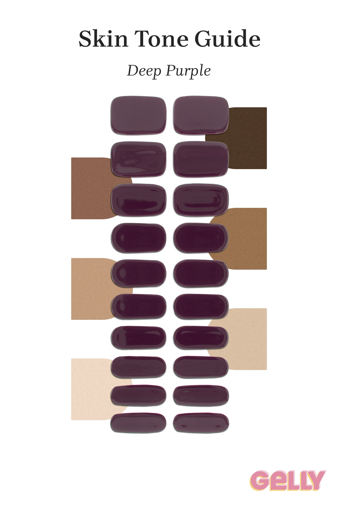 Gelly Skin Tone Guide showing a full set of Deep Purple semi-cured gel nail wraps across light-to-deep skin tone swatches, highlighting colour tone and opacity.