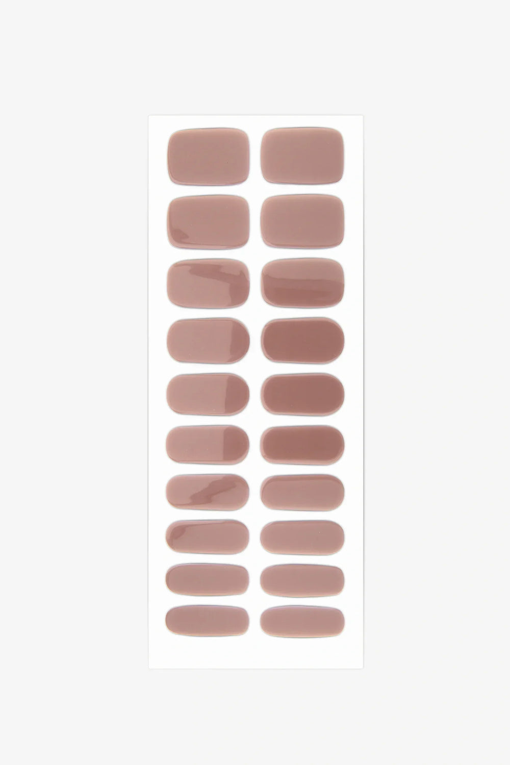 Full sheet of Dusk gel nail wraps in rose-brown mocha tones, displayed in various sizes on a white background.