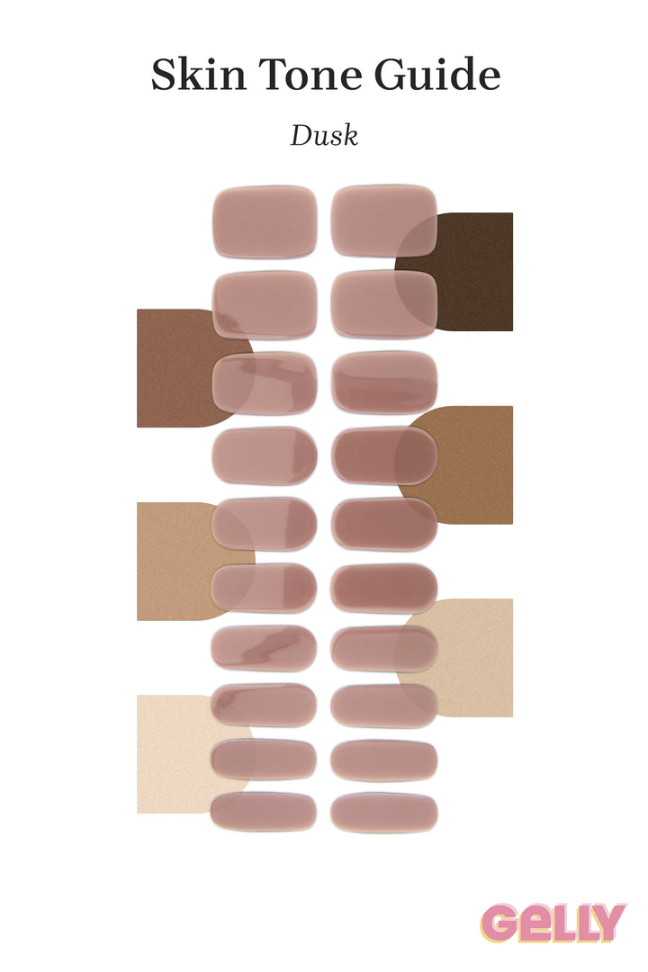 Gelly Skin Tone Guide showing a full set of Dusk semi-cured gel nail wraps across light-to-deep skin tone swatches, highlighting colour tone and opacity.