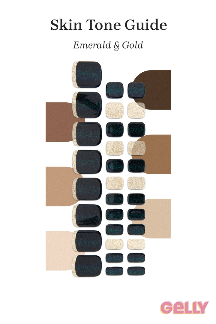 Gelly Skin Tone Guide showing a full set of Emerald & Gold semi-cured gel toenail wraps across light-to-deep skin tone swatches, highlighting colour tone and opacity.