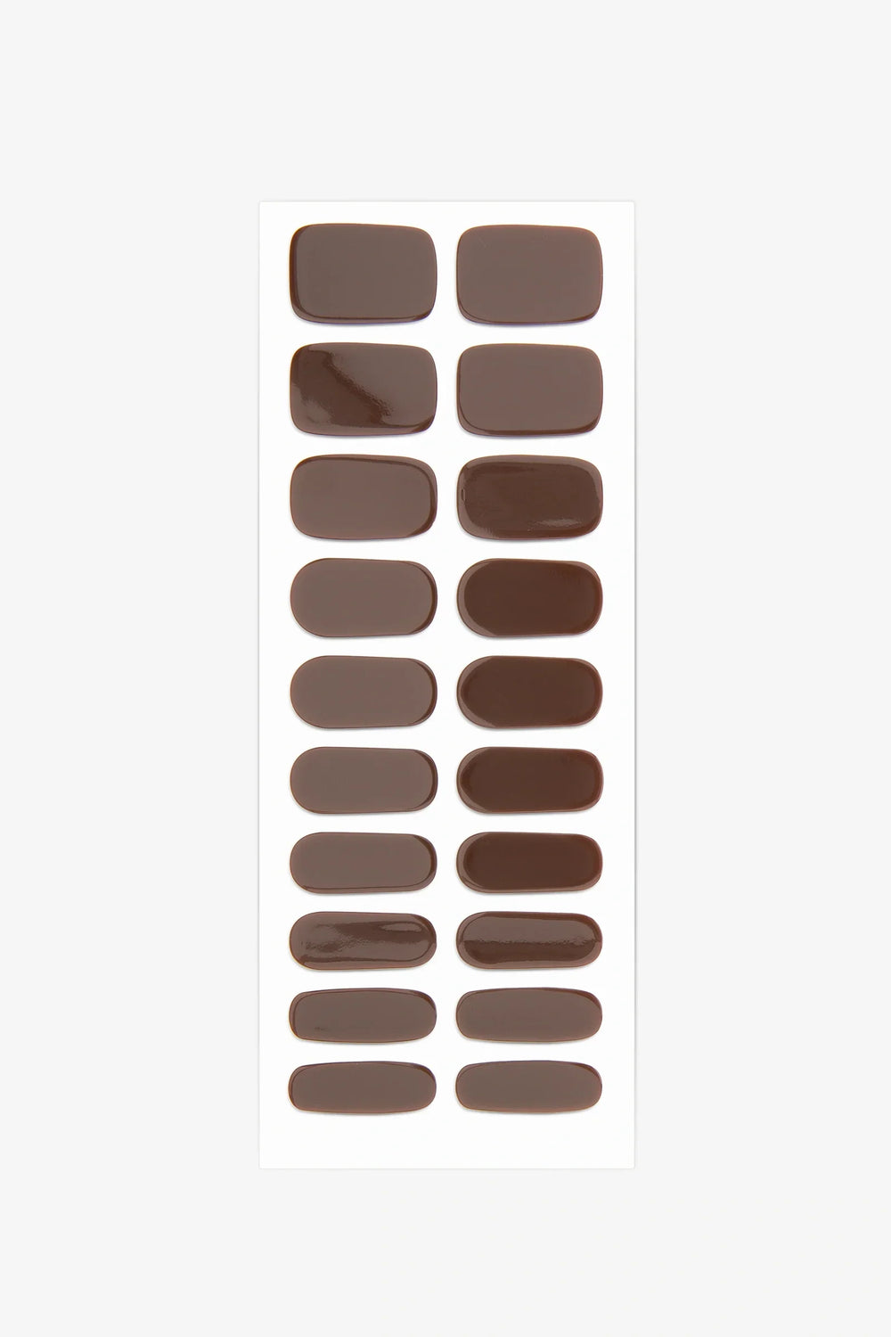 Full sheet of Espresso Roast semi-cured gel nail stickers displaying various sizes on a white background.