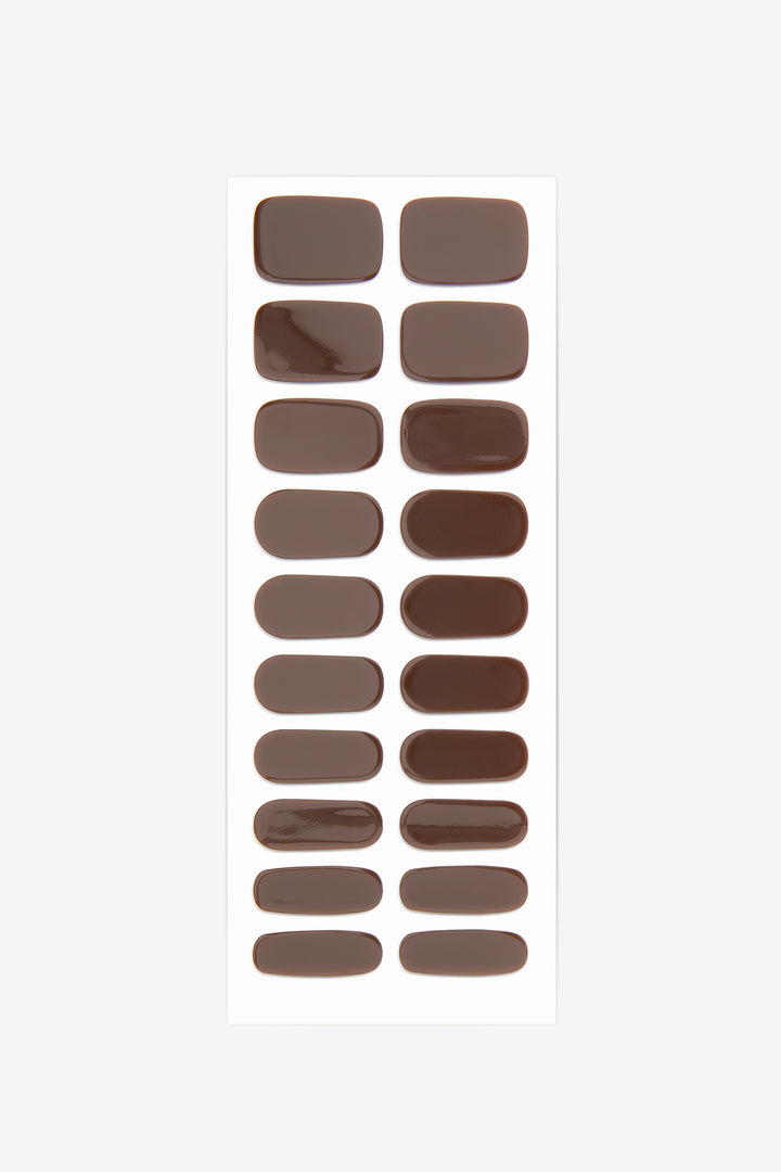 Full sheet of Espresso Roast semi-cured gel nail stickers displaying various sizes on a white background.