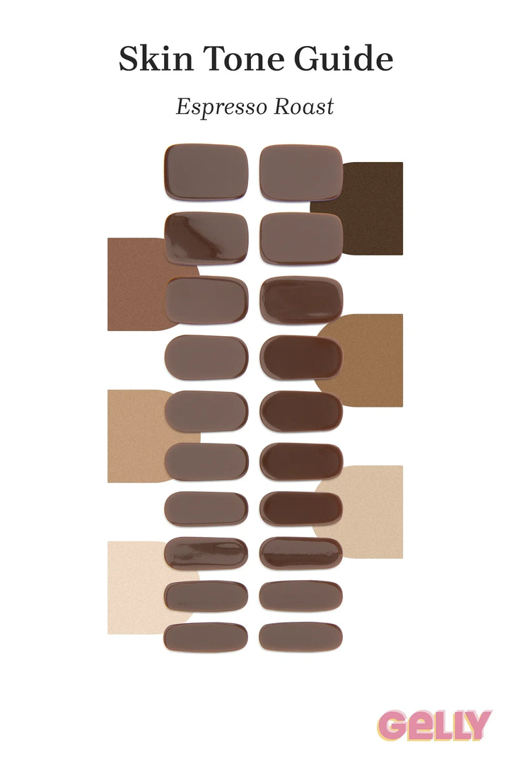 Gelly Skin Tone Guide showing a full set of Espresso Roast semi-cured gel nail wraps across light-to-deep skin tone swatches, highlighting colour tone and opacity.