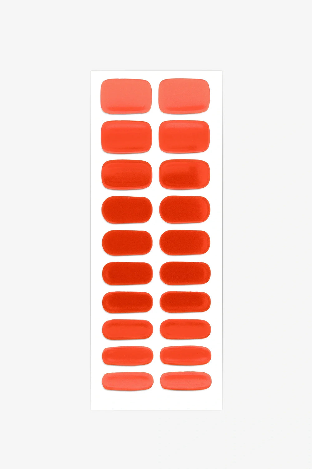 Full sheet of Fiery Red semi-cured gel nail stickers displaying various sizes on a white background.