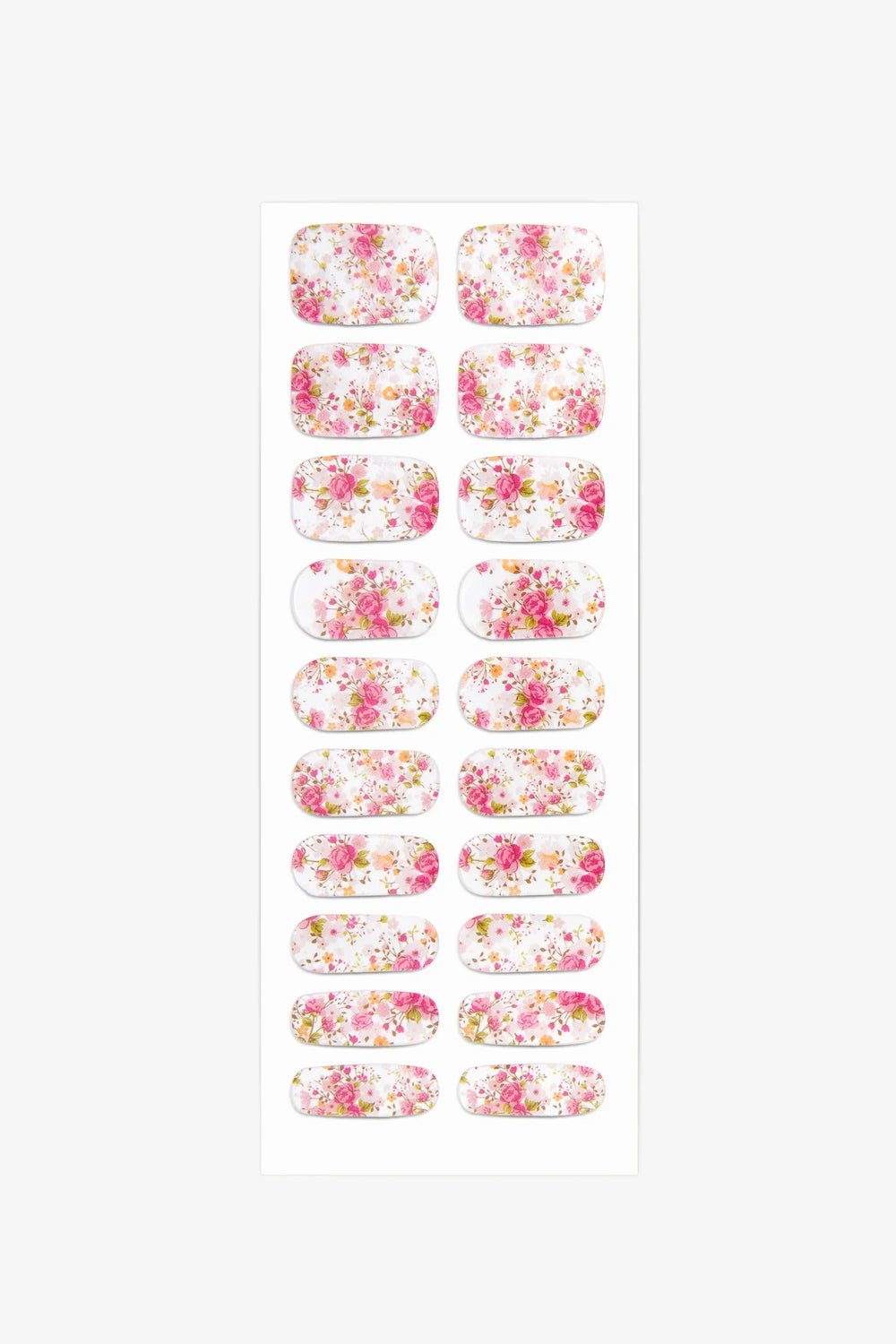 Full sheet of Floral Bliss semi-cured gel nail stickers displaying various sizes on a white background.