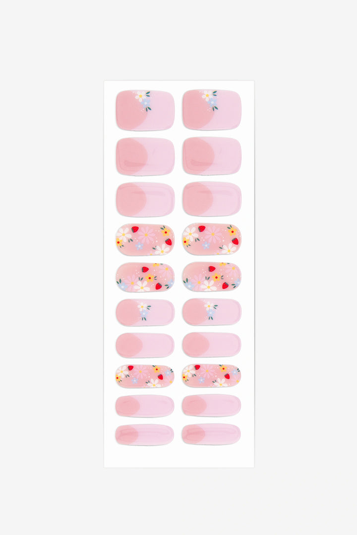 Full sheet of French Bloom semi-cured gel nail stickers displaying various sizes on a white background.