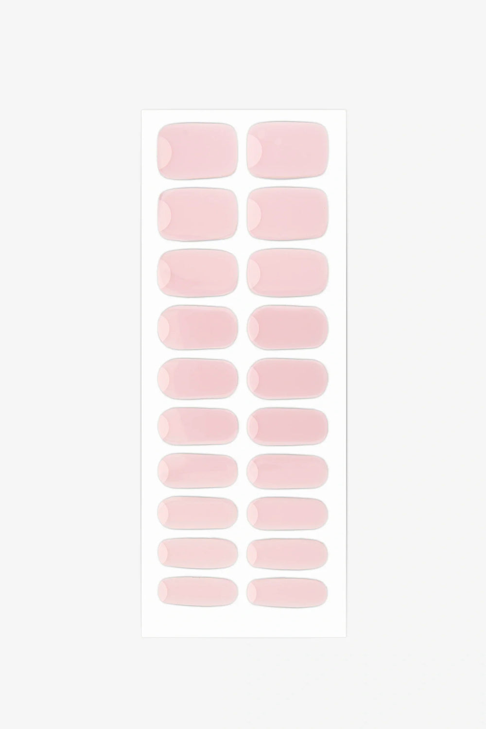 Sheet of Gelly French Moon semi-cured gel nail wraps showing milky pink strips with clean cuticle crescents for minimalist reverse-French manicures.