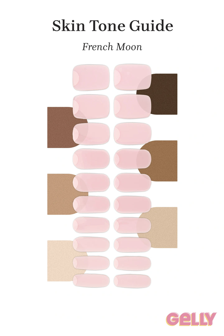 Gelly Skin Tone Guide showing a full set of French Moon semi-cured gel nail wraps across light-to-deep skin tone swatches, highlighting colour tone and opacity.