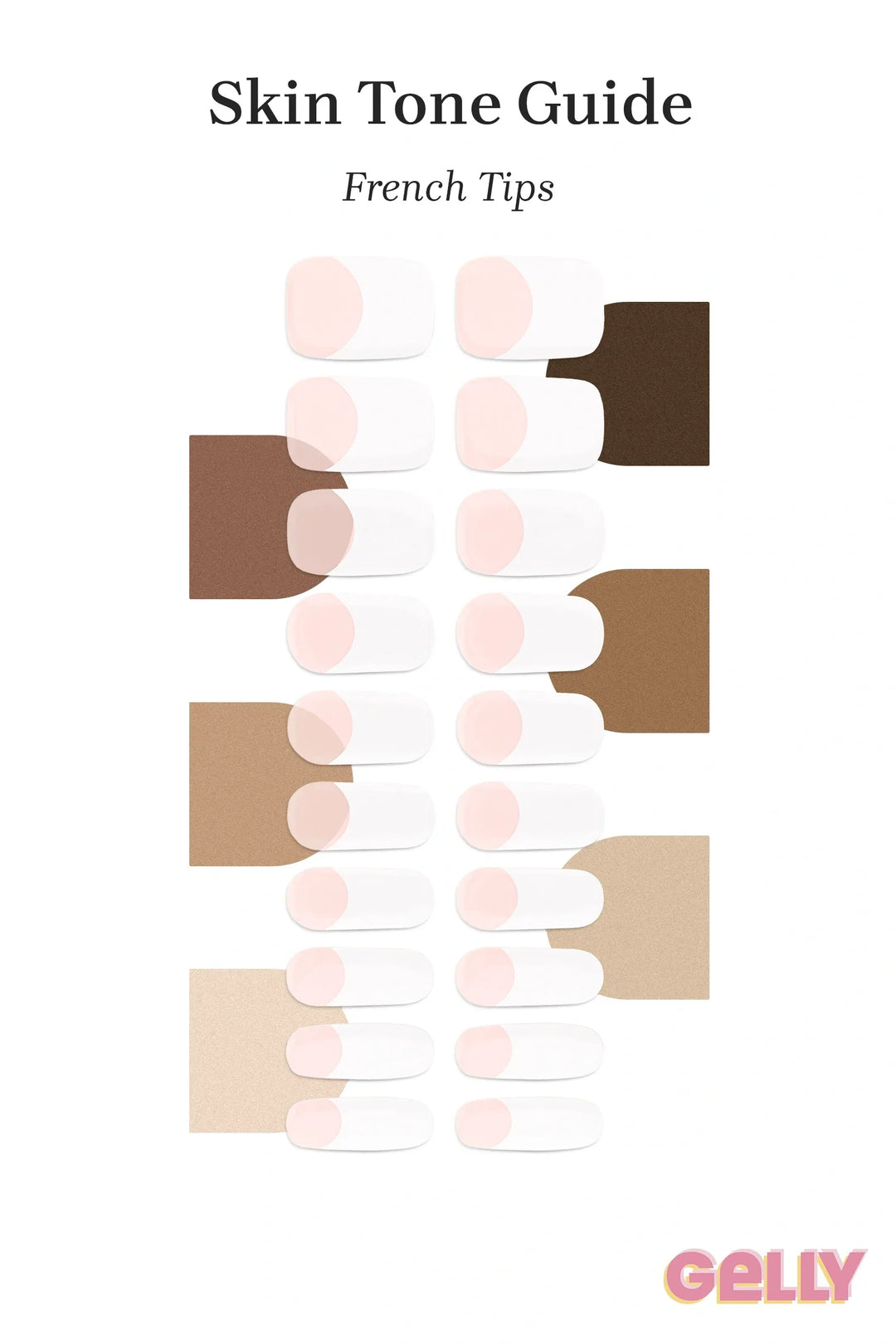 Gelly Skin Tone Guide showing a full set of French Tips UV-free gel nail wraps across light-to-deep skin tone swatches, highlighting colour tone and opacity.