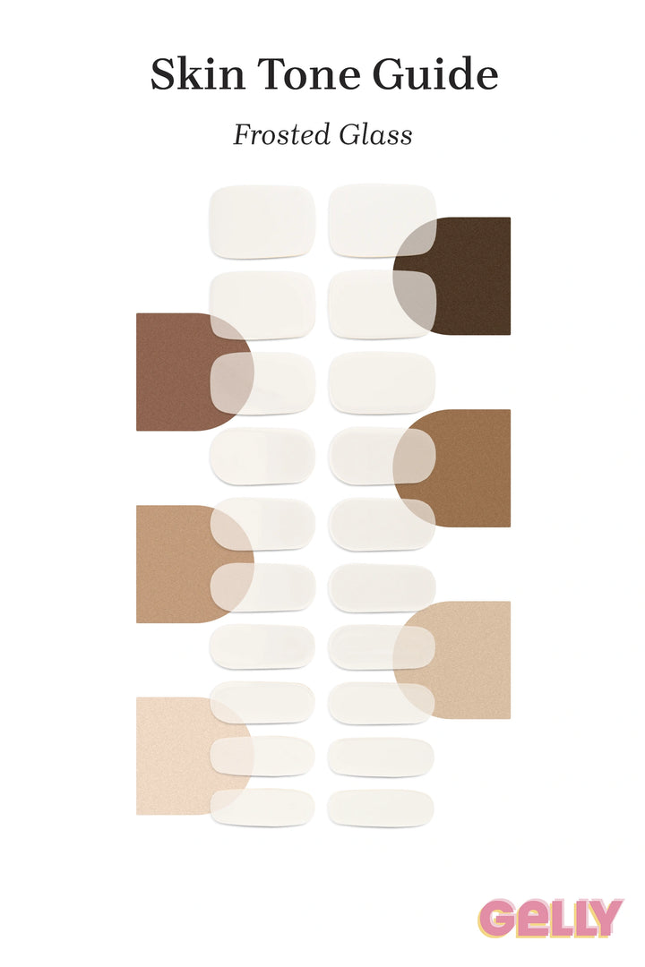 Gelly Skin Tone Guide showing a full set of Frosted Glass semi-cured gel toenail wraps across light-to-deep skin tone swatches, highlighting colour tone and opacity.