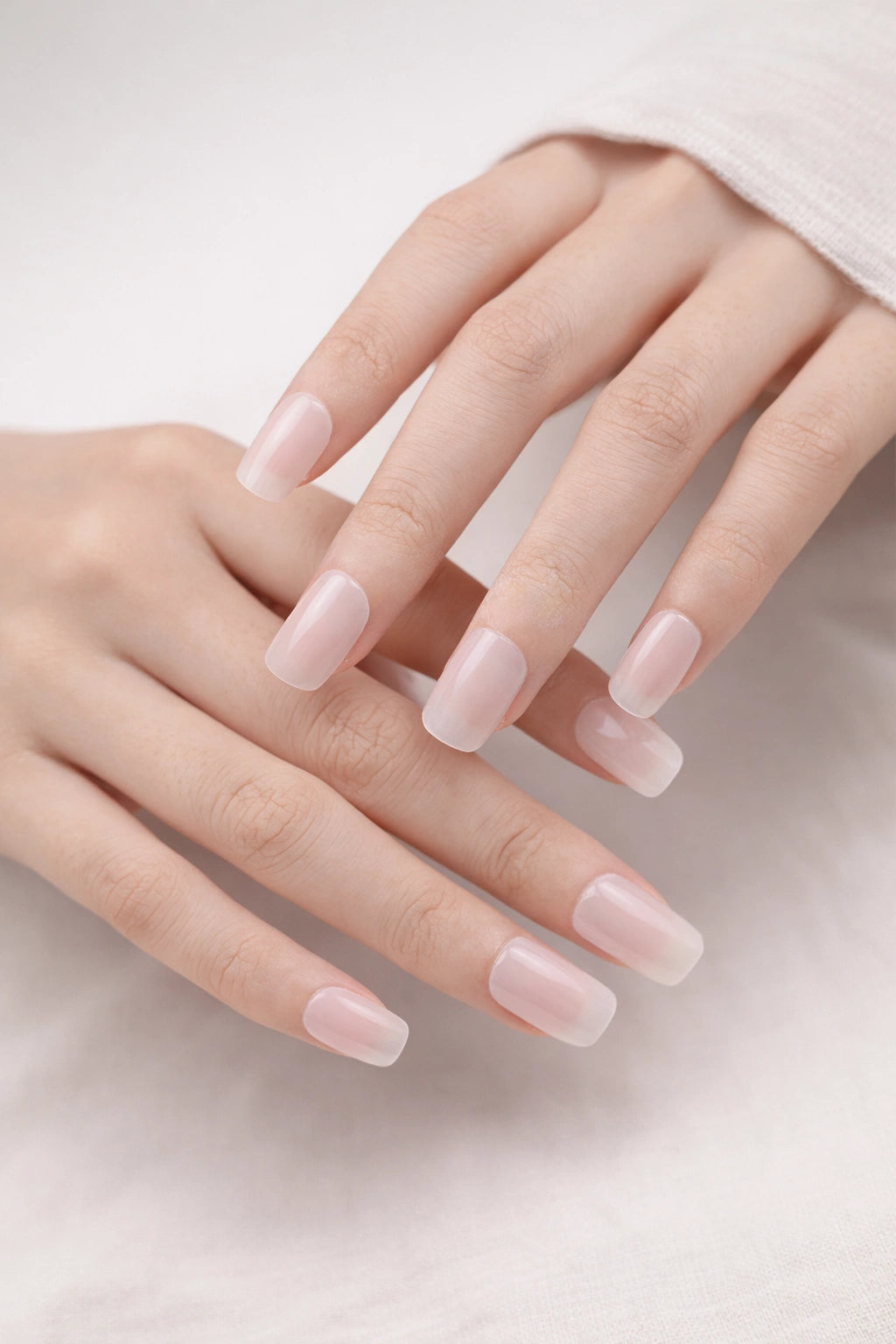 Frosted Glass semi-cured gel nail stickers, shown on light skin with a uniform sheer milky-white finish and soft glossy frost effect, photographed under soft studio lighting with a cream knit long-sleeve outfit.