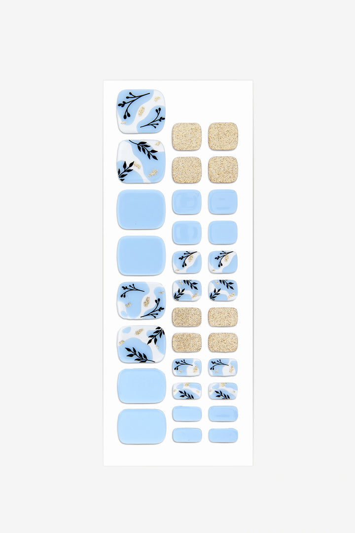 Full sheet of Gold & Blue semi-cured gel toenail stickers displaying various sizes on a white background.