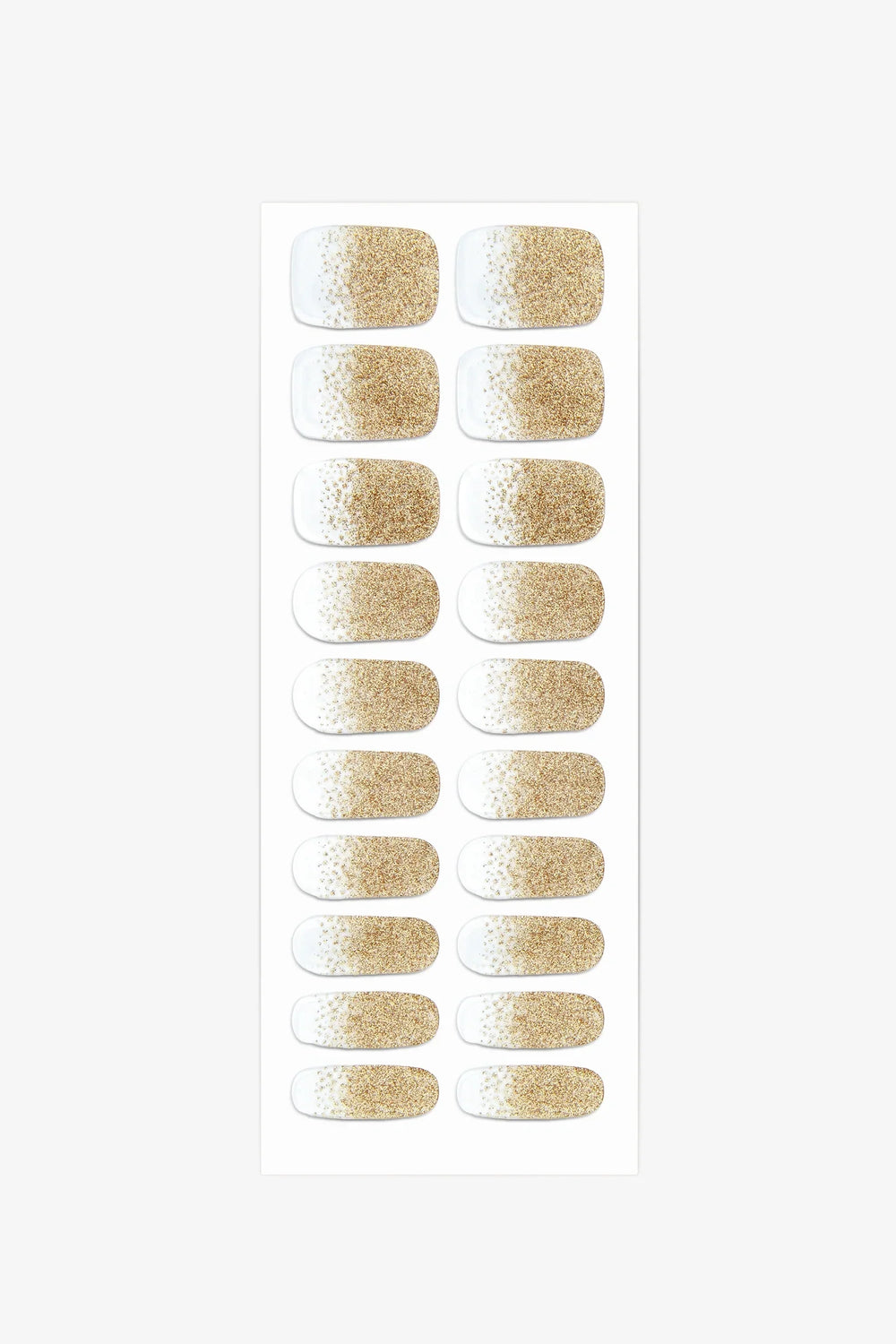 Full sheet of Gold Dust semi-cured gel nail stickers displaying various sizes on a white background.