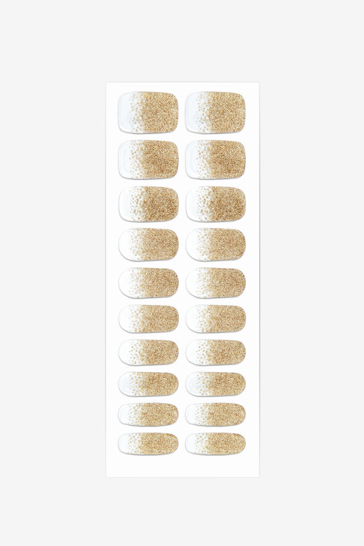 Full sheet of Gold Dust semi-cured gel nail stickers displaying various sizes on a white background.