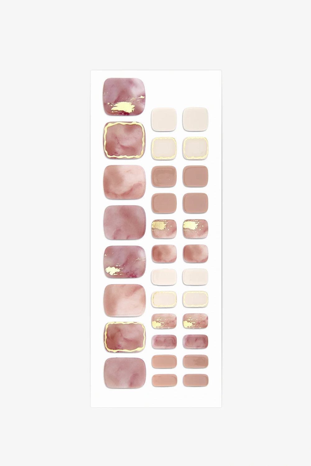 Full sheet of Golden Peach Marble semi-cured gel toenail stickers displaying various sizes on a white background.